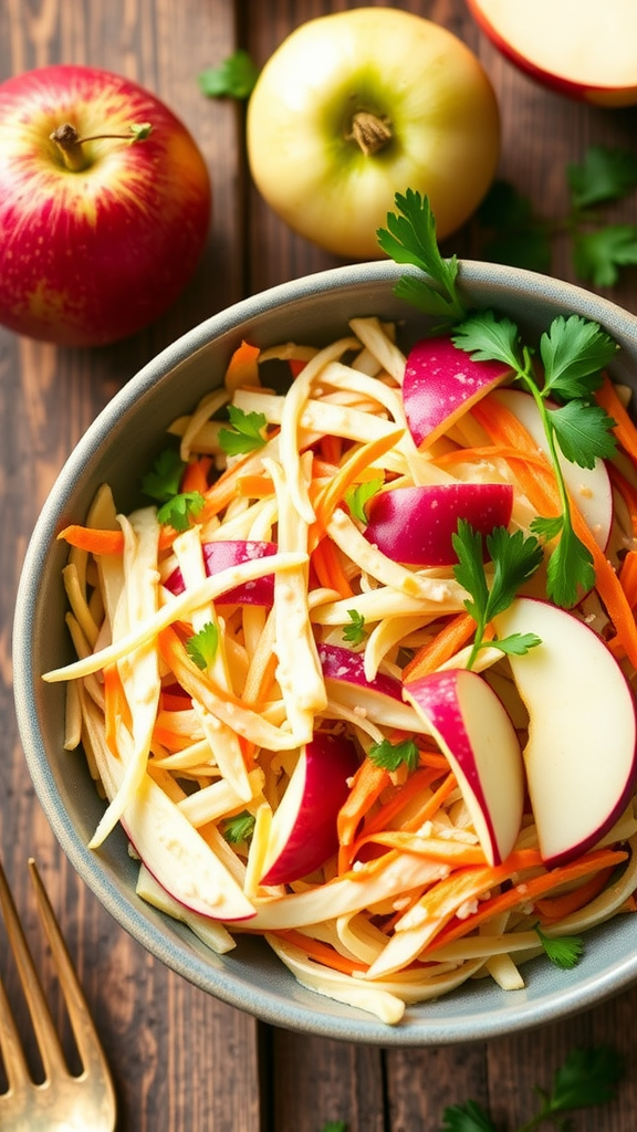 A colorful and fresh bowl of rutabaga and apple slaw with apples, carrots, and a creamy dressing, garnished with parsley.